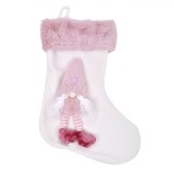 Cizmuliță Decorativă Crăciun, Model Gnome 3D, Alb, Blană Roz, 46 cm, Oem