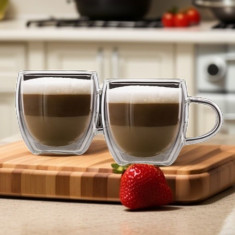 Set de 2 - Cească de Capuccino din Sticlă Borosilicat cu Perete Dublu, Transparentă, 250 ml, Ideală pentru Cafea și Băuturi la Temperaturi Variate foto