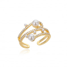 Inel Leora, auriu, din otel inoxidabil, decorat cu pietre din zirconiu si perle, reglabil - Colectia Universe of Pearls