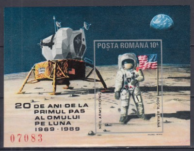 1989 LP 1229 - 20 DE ANI PRIMUL PAS AL OMULUI PE LUNA COLITA NEDANTELATA MNH foto