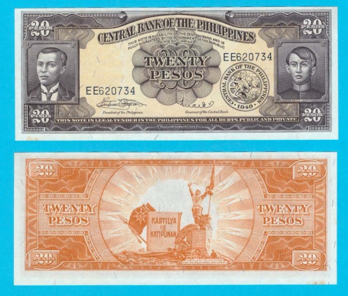 Filipine (p#137) 20 Pesos 1949 aUNC &#039;Seria englezească&#039; serie: EE620734