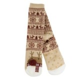 Sosete de iarnă femei bej bordo jacquard ren cu talpă antiderapantă, CMCLASS