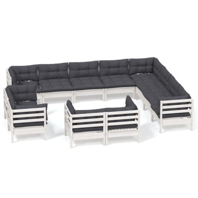 Set mobilier gradina cu perne, 12 piese, alb, lemn masiv pin foto