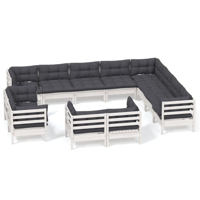 Set mobilier gradina cu perne, 12 piese, alb, lemn masiv pin