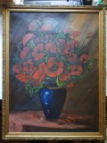 Lazarut 1958 - Buchet de maci intr-o vaza decorativa. Tablou (1958, dimensiune 64 x 83 cm cu rama)