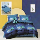 Lenjerie pat dublu,bumbac finet,6 piese cu elastic,bleumarin cu fluturi-A656