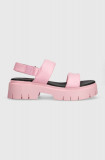 HUGO sandale de piele Kris femei, culoarea roz, cu platforma, 50517374