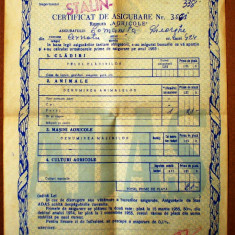 P.017 RPR POLITA ADAS CERTIFICAT DE ASIGURARE RAMURA AGRICOLE ORASUL STALIN 1955