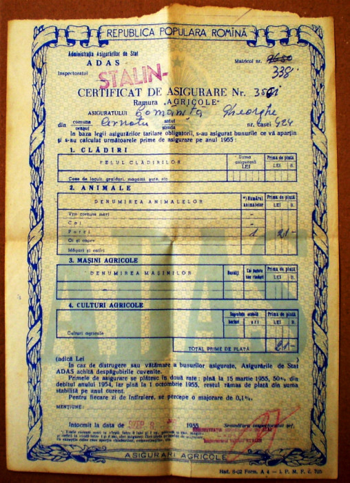 P.017 RPR POLITA ADAS CERTIFICAT DE ASIGURARE RAMURA AGRICOLE ORASUL STALIN 1955