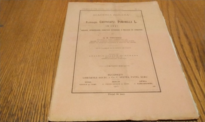 FLUTURASUL CARPOCAPSA POMONELLA L. in Iasi - Biologie, Fitopatologie - G. N. Fintescu -1915, 28 p.+ planse