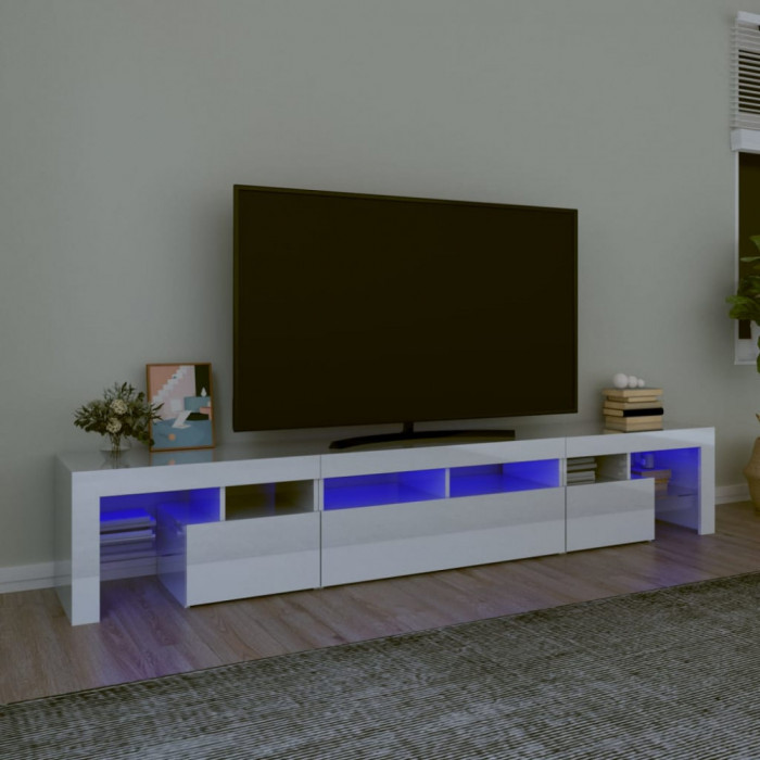 vidaXL Comodă TV cu lumini LED, alb extralucios, 230x36,5x40cm