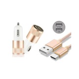 Duo 2.1A/1A Adaptor Auto + cablu USB tip C USB-C-Culoare Aur