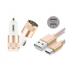 Duo 2.1A/1A Adaptor Auto + cablu USB tip C USB-C-Culoare Aur