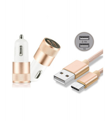 Duo 2.1A/1A Adaptor Auto + cablu USB tip C USB-C-Culoare Aur foto