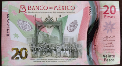 MEXIC █ bancnota █ 20 Pesos █ 2021 █ P-W132 (2) █ COMEMORATIV █ POLYMER █ UNC foto