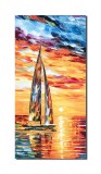 Tablou peisaj marin pictat manual, Asfintit cu velier, 80x40cm ulei pe panza in cutit efect 3D, Fabulos