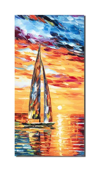Tablou peisaj marin pictat manual, Asfintit cu velier, 80x40cm ulei pe panza in cutit efect 3D