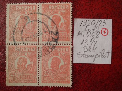 1920- Romania- Ferd. b. mic Mi268-roz caramiz.-bl. 4-stampilat foto