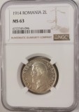 Moneda Romania 2 lei 1914 NGC MS63