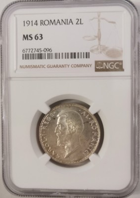 Moneda Romania 2 lei 1914 NGC MS63 foto