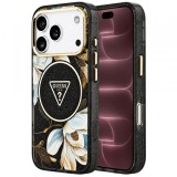Husa MagSafe pentru Apple iPhone 18 Pro Max / 17 Pro Max, Guess, IML Metal Glitter Flowers Triangle, Neagra