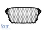 Grilaj tip RS vopsit negru, potrivit pentru Audi A4 B8 sedan, break dupa 2013, cu baza pentru emblema, suporturi PDC si panou pentru numar Performance