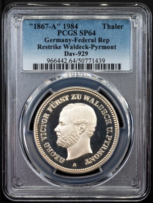 RFG - GERMANIA - 1 THALER 1867 (1984) SP 64 TOP POP 1/1 - REBATERE - GRADATA PCGS - 50771439 foto