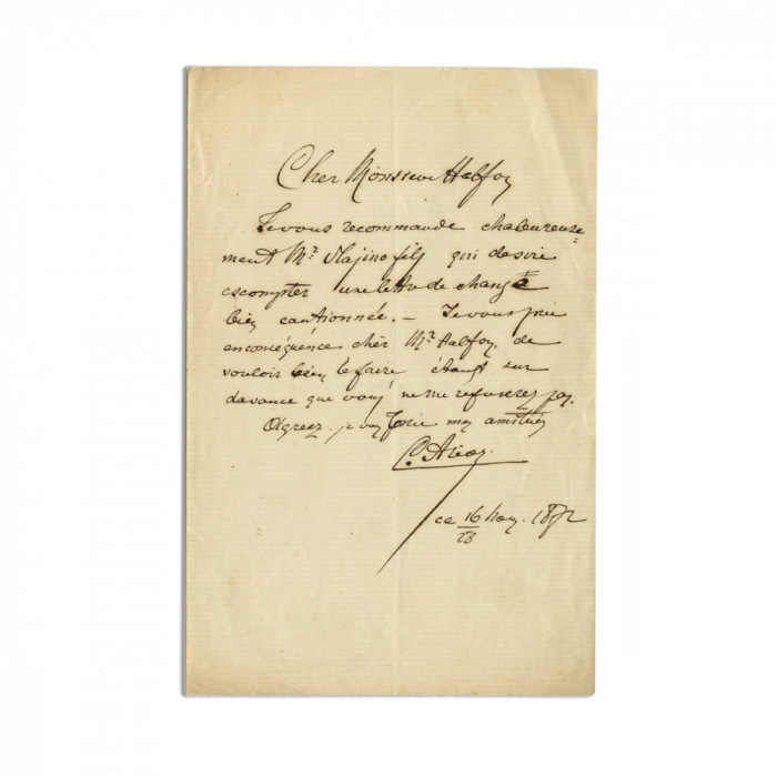 Constantin Arion, scrisoare către Solomon Halfon, 1872