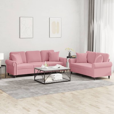 vidaXL Set canapea cu perne, 2 piese, roz, catifea 3202273 foto