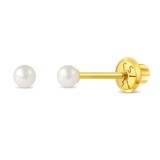 Cercei clasici din Aur 14k cu Perla de Cultura 3mm pentru Copii, inchidere cu Filet si Protectie