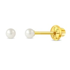 Cercei clasici din Aur 14k cu Perla de Cultura 3mm pentru Copii, inchidere cu Filet si Protectie