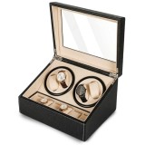 Cutie intors ceasuri iUni, Watch Winder 4 + 6 spatii depozitare, Piele ecologica, Negru-Crem