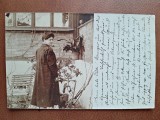 Fotografie tip carte postala, gemeie in gradina, 1907