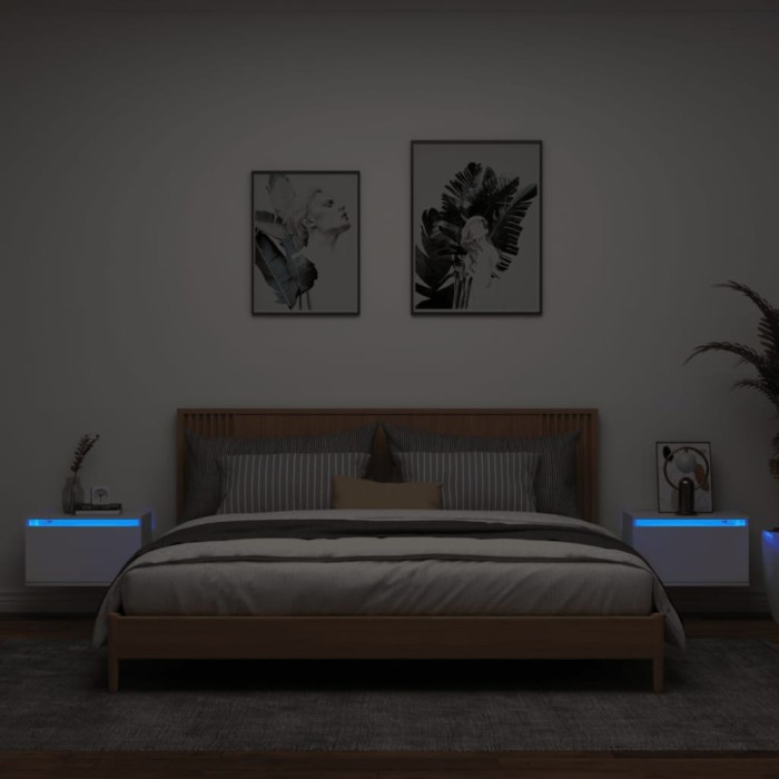 Gossi noptiere montate pe perete cu lumini led, 2 buc., alb