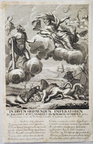 JOHAN MARTIN BERNIGEROTH 1713 - 1767 , &#039;&#039; IN DIVINUM SIGISMUNDUM IMPERATORIEM &#039;&#039; , GRAVURA , SEC. XVIII