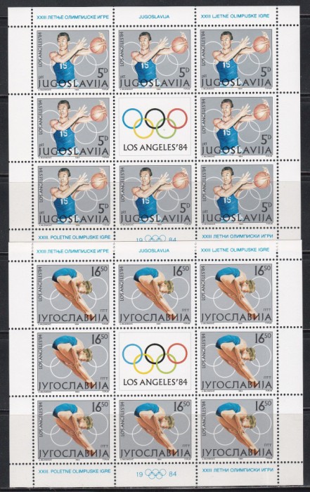 Iugoslavia 1984 - Jocurile Olimpice - Los Angeles, 4 MC 8+1, 4 Poze, MNH