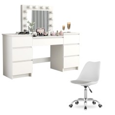 Masa de toaleta/machiaj + scaun Alba, alb, cu oglinda si LED-uri, Silvia, 155x42x135 cm foto
