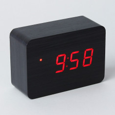 Ceas digital LED, din lemn, senzor sunet, data, temperatura, 3 grupe alarma, pentru birou foto