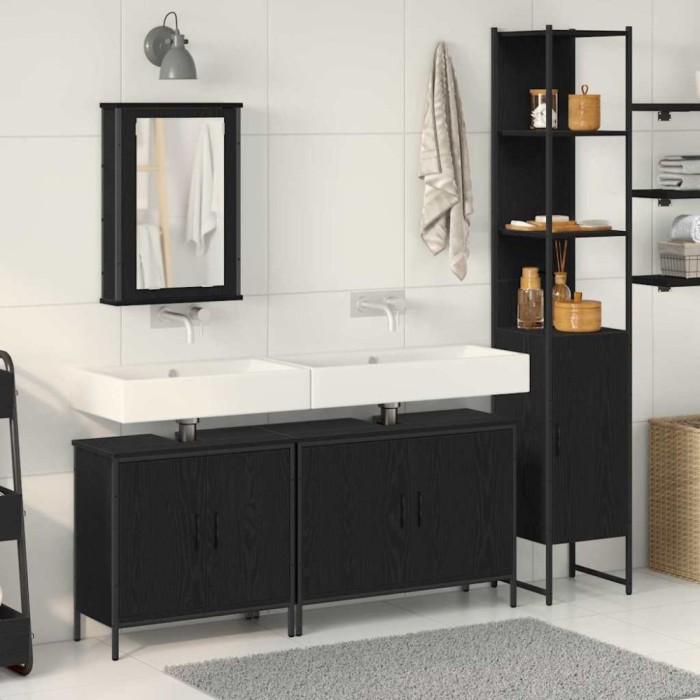 vidaXL Set de Mobilier pentru Baie 4 Piese Negru Stejar Lemn Prelucrat