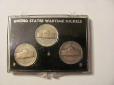CY - Set 3 monede 5 centi / nickels SUA USA / Cu - Ag - Mg / WW2 cutie + suport foto