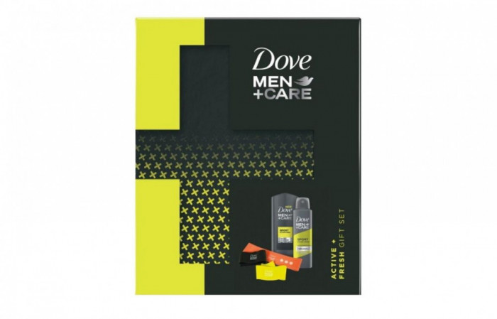 Set Dove Men+Care Self Care Active Fresh: Benzi pentru sport + Antiperspirant spray, 150 ml + Gel de dus, 250 ml