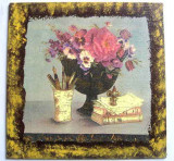Tablou design vaza flori, suport stilouri si pixuri, carti, tablou handmade pe panza 26047