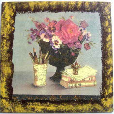 Tablou design vaza flori, suport stilouri si pixuri, carti, tablou handmade pe panza 26047