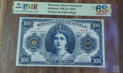REPRODUCERE pe hartie cu filigran si fire UV proiect bancnota 100 Lei 1937 nr.181 foto