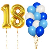 Set 14 Baloane Aniversare 18 Ani Baiat Albastru Ropet: 2 Folie Aurii 81cm + 12 Latex 30cm