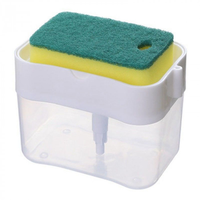 Dispenser 2 &icirc;n 1 eMazing pentru detergent lichid vase și ustensile sanitare, cu suport pentru burete de bucătărie, capacitate 380 ml, alb, dimensiuni