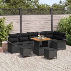 Set canapea gradina vidaXL 9 piese cu perne Negru Ratan Poli Acacia, Canapea gradina vidaXL 2 locuri cu depozitare &amp;amp; perne Negru Ratan Poli, Set cina foto