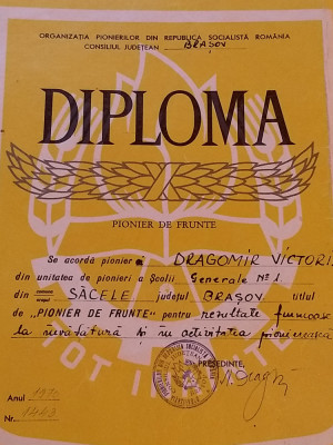 Diploma&amp;quot;Pionier de Frunte&amp;quot;- la invatatura si in activitatea pioniereasca foto