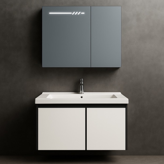 Set Dulap Baie cu Oglinda LED si Dulap Lavoar Suspendat, 60x70 cm, Alb-Negru, Design Modern Minimalist ModernLight Concept
