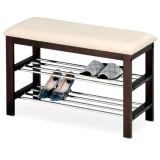 Suport pantofi HM ST3, cu bancuta, lemn, 2 rafturi, capacitate 8 perechi, crem wenge